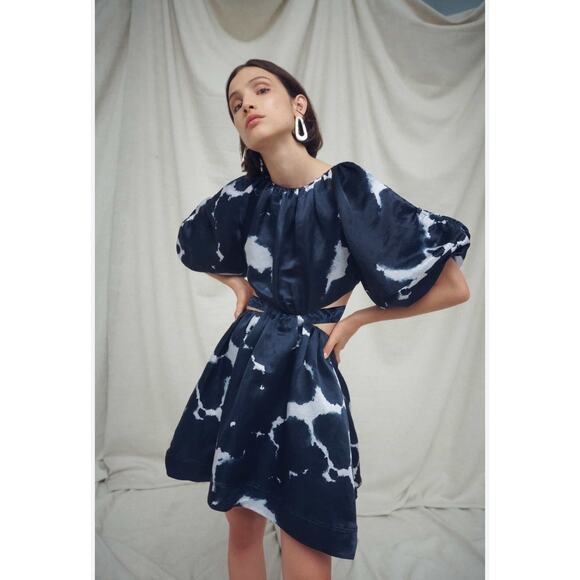 AJE Oxidised Puff-sleeved Cutout Linen-blend Mini Dress navy blue size US 2 AU 6 - Picture 12 of 16